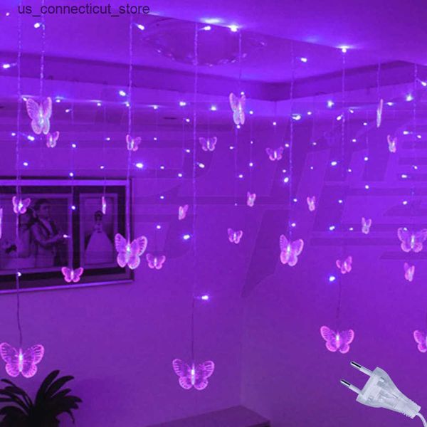 Other Indoor Lighting Pink purple LED butterfly flower crown curtain light string for living room family wedding decoration L240910