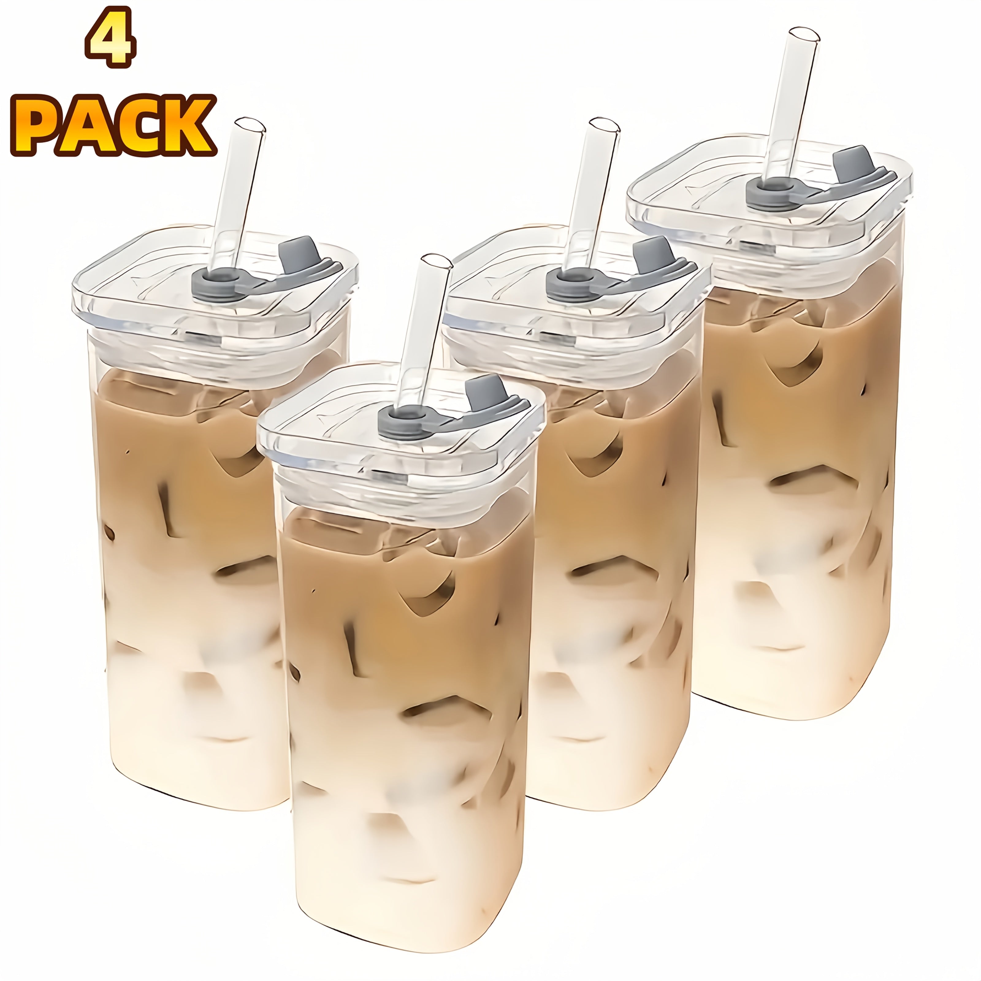TEMU 4pcs Square Glass Cups With Leak-proof Lids & Straws - Portable Durable Drinking Cups For Iced Coffee, Office, Travel, Parties, Home, School,