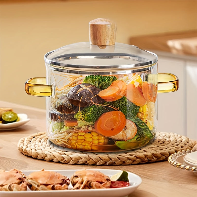 TEMU Extra Large 1500ml-54oz Glass With Lid - Heavy-duty Clear Cookware With Sturdy Black Knob & Golden-colored Lid, Induction-safe Stovetop Cooker