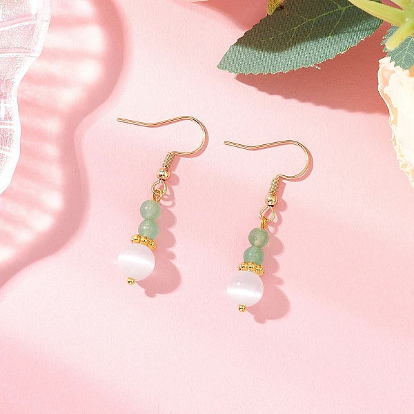 Boucles d'oreilles pendantes rondes en jade naturel de Malaisie et perles œil de chat