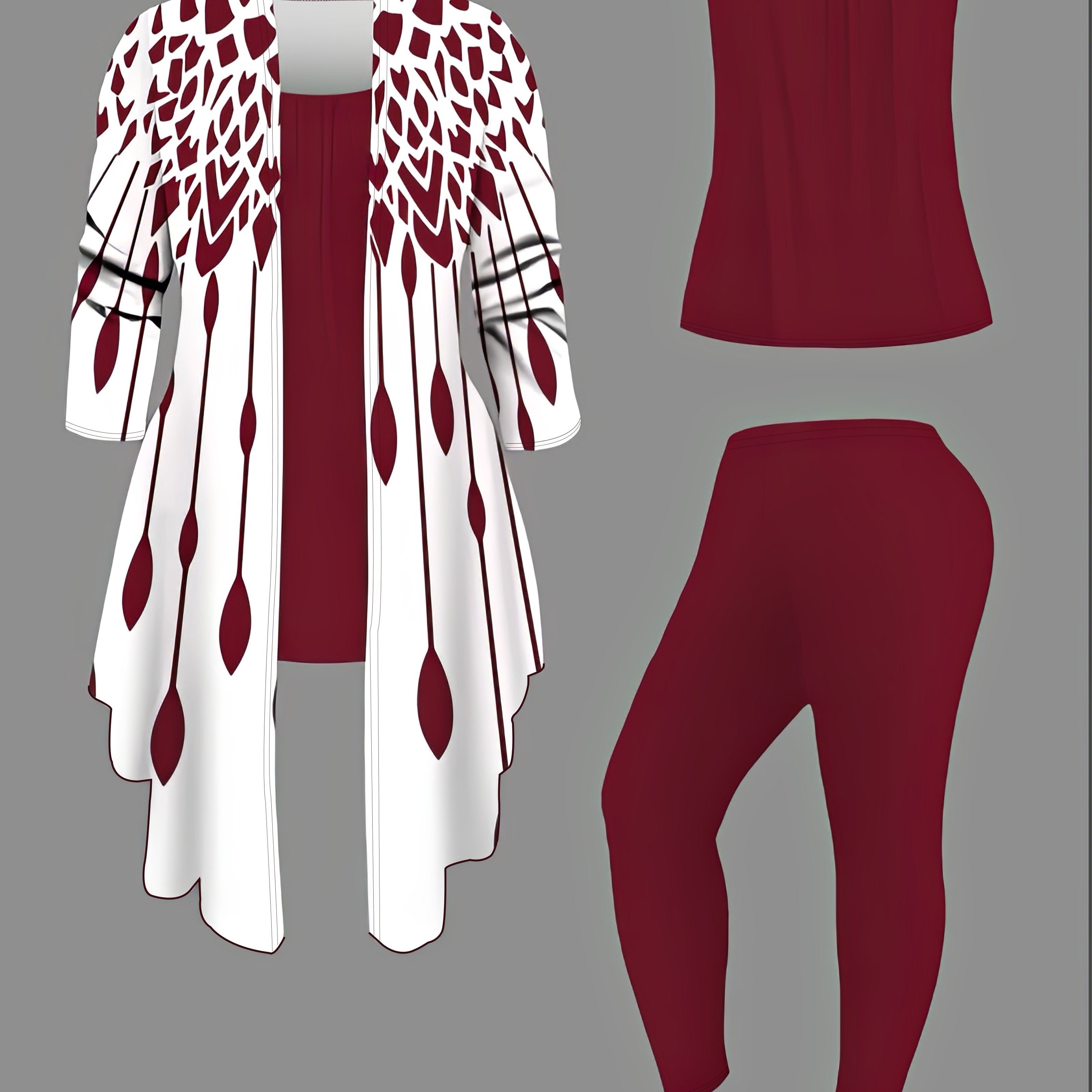 TEMU | Women's 3 Piece Collision Set: Geometric Print Cardigan, Sleeveless Vest And Solid Color Pant Set - Machine Washable Polyester Blend