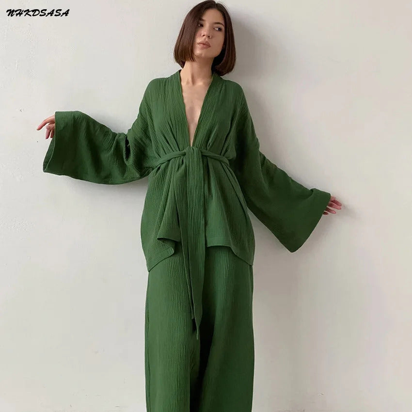 NHKDSASA Kimono Pajamas 100% Cotton Crepe Long-Sleeved Trousers Ladies Sleepwear Suit Womens Home Service Mujer 250207