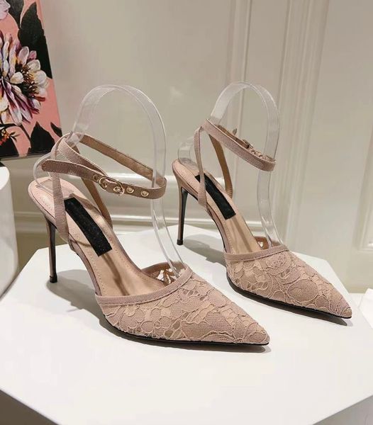 Fashion Women Lace Lollo Slingbacks Gros-grain Piping Sandals Shoes Lady Stiletto Heel Wedding Dress Lady Pointed Toe Pumps EU35-43 Original