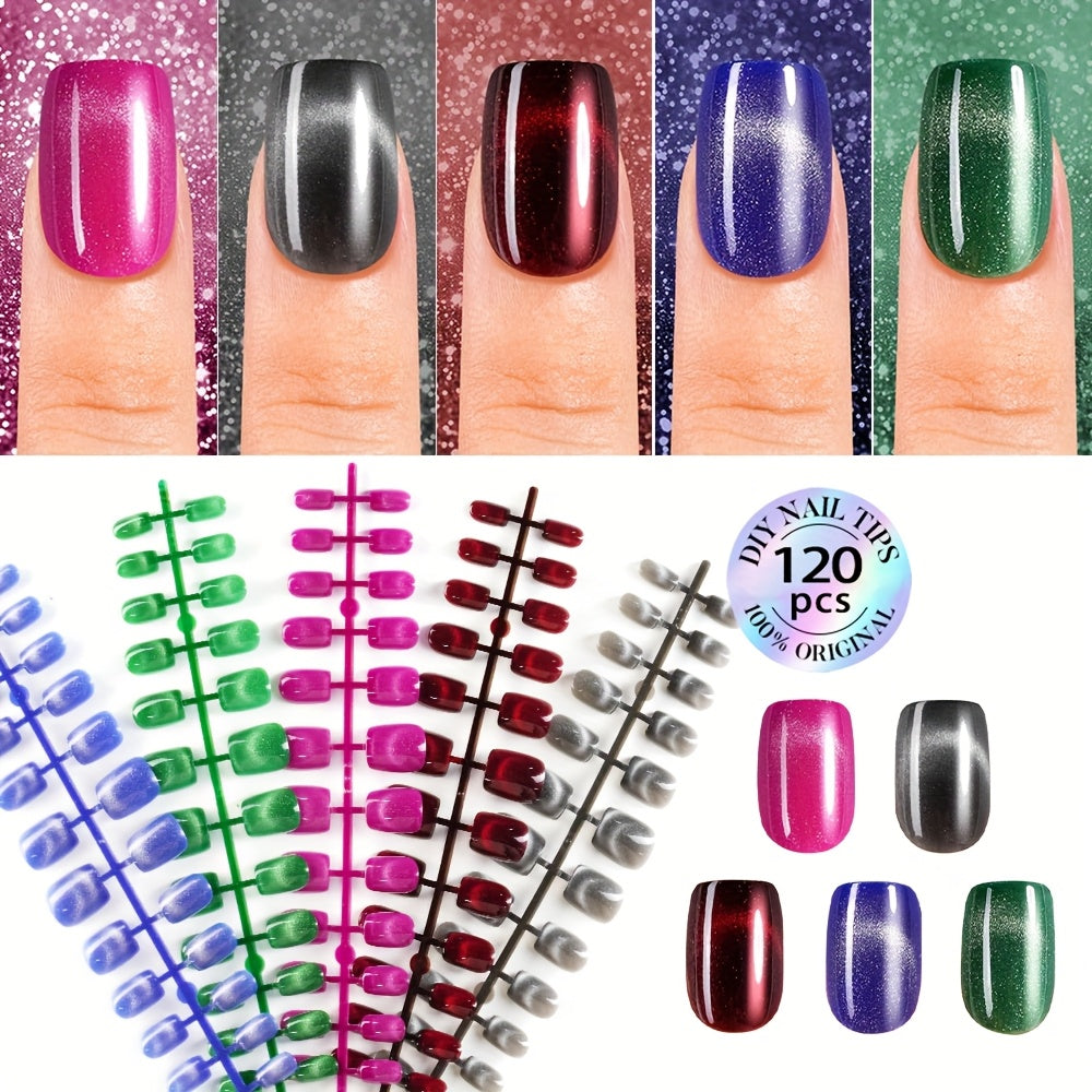 TEMU 120pcs Set Of Glittery Cat Eye Press-on Nails - Short Square French Tips, Glossy Full Coverage Removable Gel Nails In Vibrant Colors (pink,
