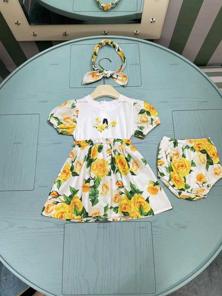 Popular newborn jumpsuits summer toddler girl dress baby Crawling suit Yellow flower printing Short sleeve dress and Underwear
