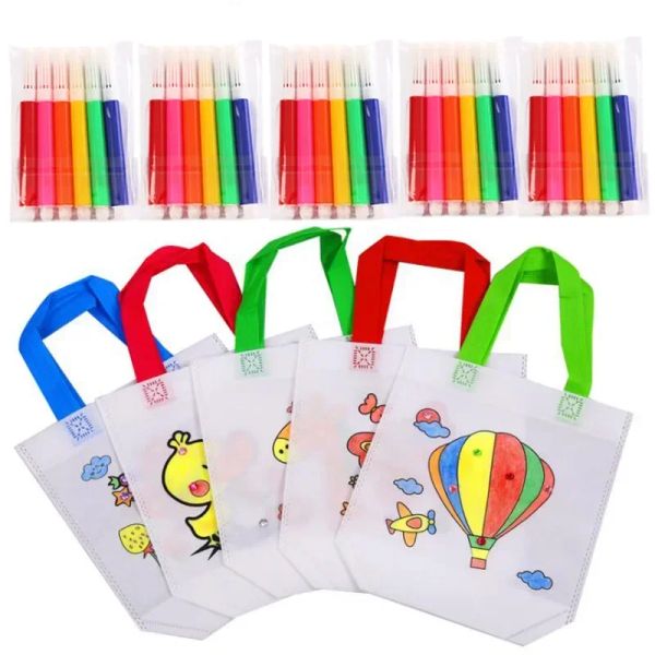5 Sets DIY Graffiti Bag with Markers Handmade Painting Non-Woven Drawing Bag for Children