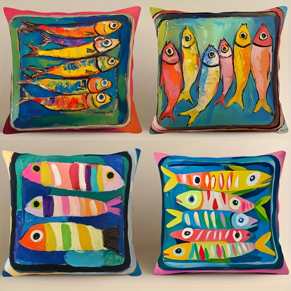 TEMU 4pcs Ocean Theme Pillowcase, Retro Style Colorful Fish Pattern, Machine Washable, 100% Polyester Fiber, Zipper Closure, Short Plush Material,