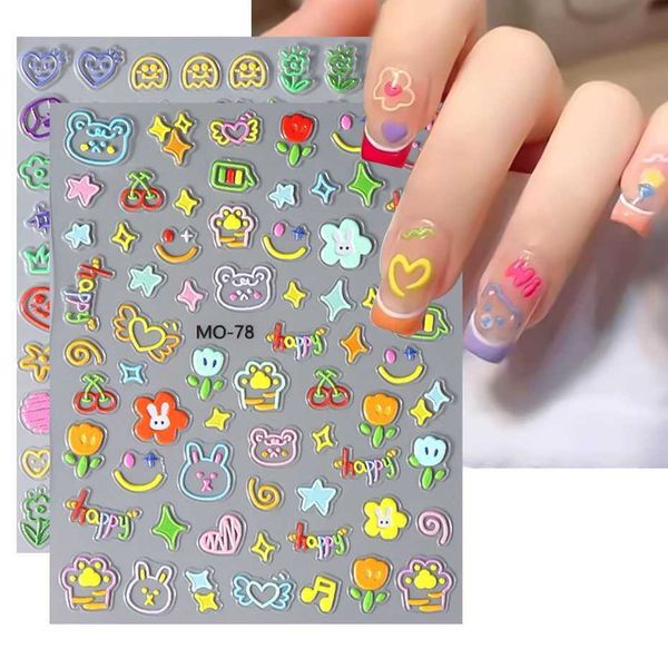 Simple Cartoon Drawing Nail Art Sticker Cute Childlike Bears Rabbits Love Flowers Fruits 5D Self-adhesive Decal Manicure DecorXJ240814
