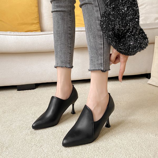 61043 elegant mouth ladies deep autumn winter high heels pointed toe 8cm stiletto leather shoes woman Korean slip on work pumps