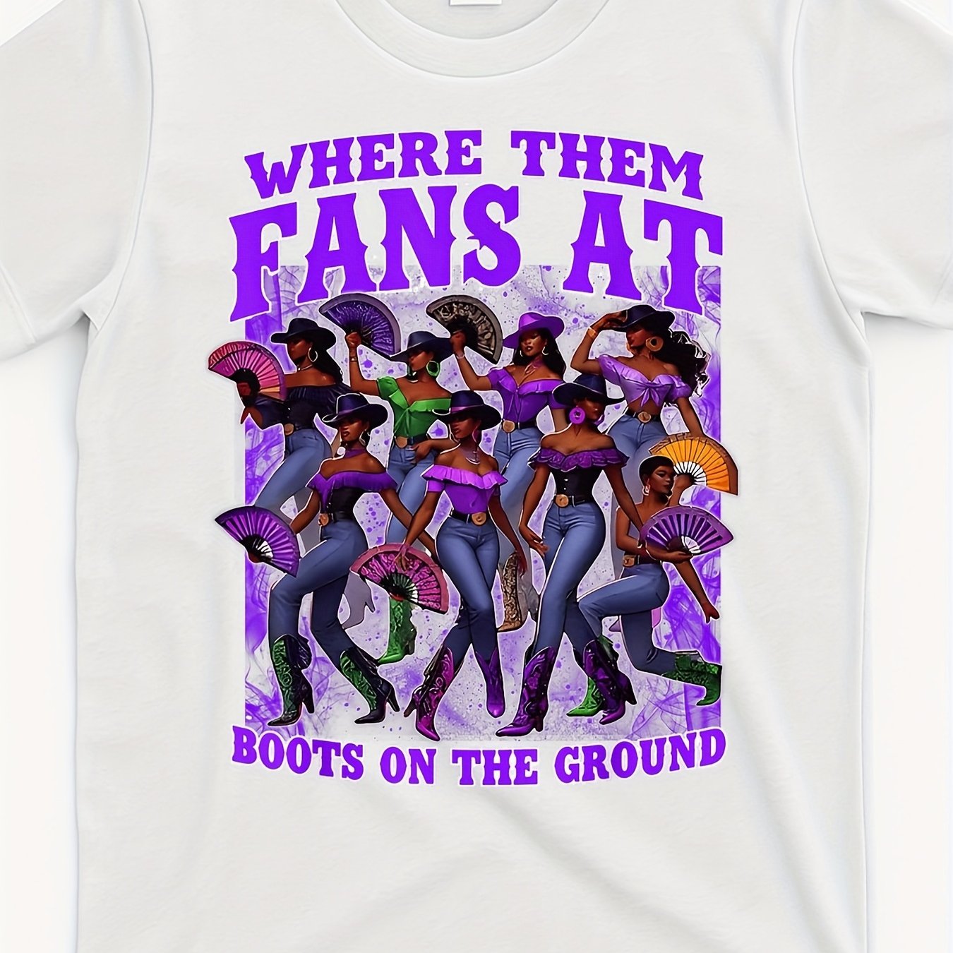 TEMU Women's Retro Western Cowgirl Graphic T-shirt - "where Them Fans At" & "boots On " Design, Soft Cotton Round Neck Short Sleeve Tee, Vibrant