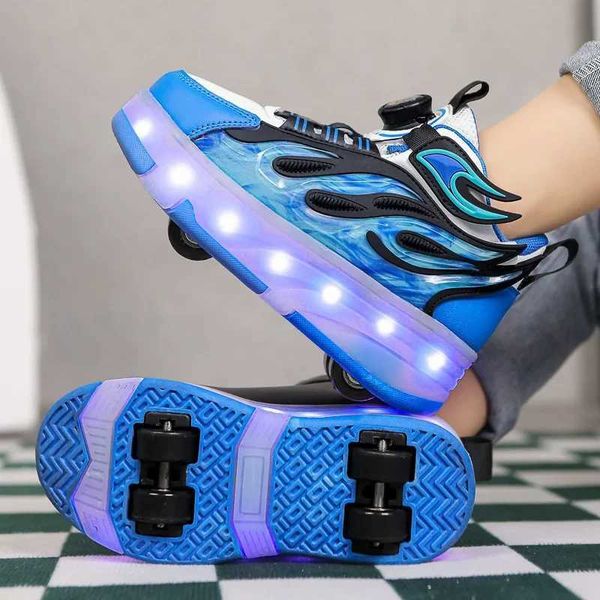 Roller Sneakers Kid Sport Gym Footwear Roller Skates 4 Wheels USB Charge Illuminated Shoes Boys Girls Casual Skateboarding Shoes X241209