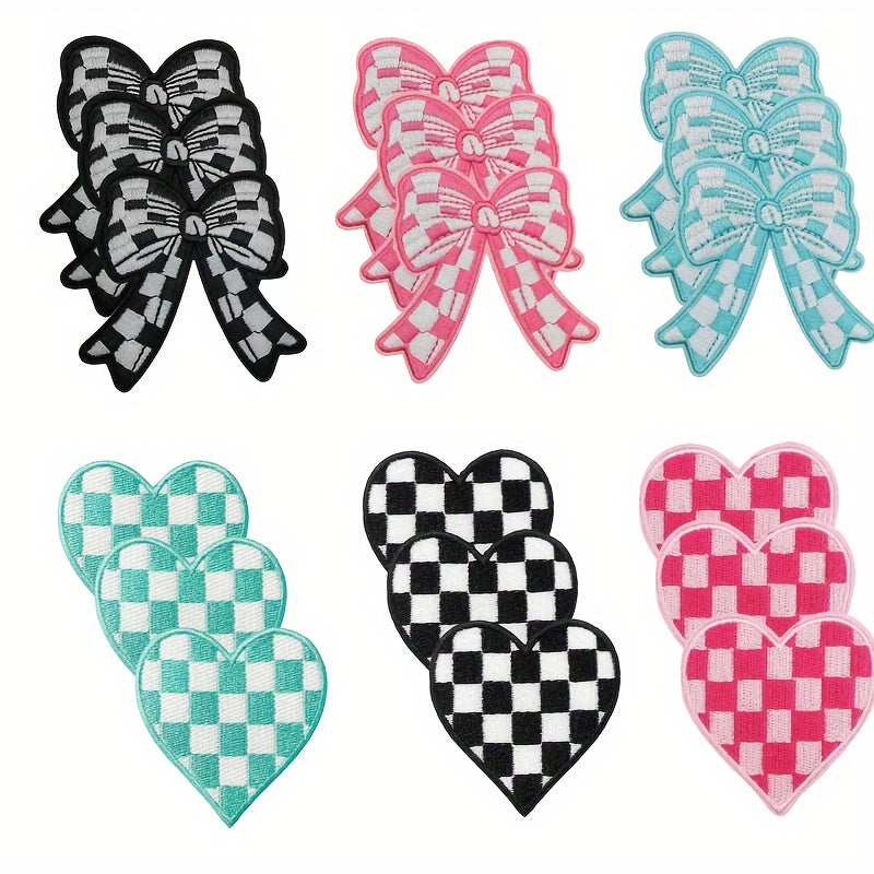 TEMU 18pcs Bow Heart Patch With Black And White Checkered Design, Bow Patch Embroidery, Decal Patch Suitable For Jeans, Jackets, Vests, Hats,