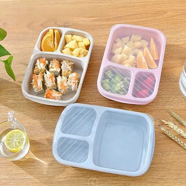 Three-compartment Wheat Straw Lunch Box Microwave Dinnerware Food Fruit Container Lunch Box Picnic School Office Portable Bento Y240919