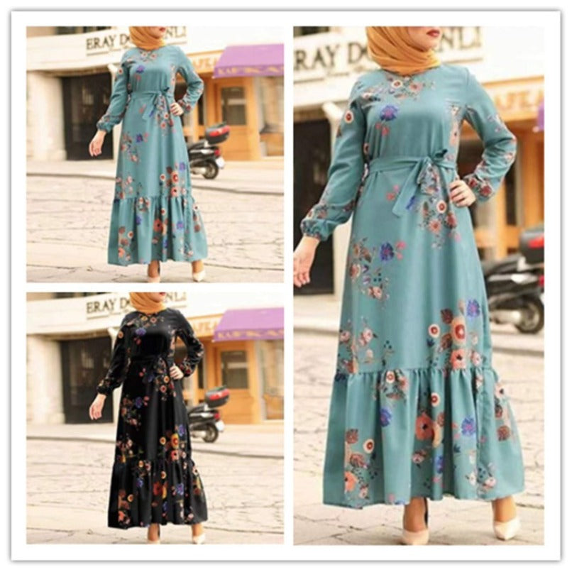 (336) New Medium-length Retro Printed Robe Belt Large Size Dress