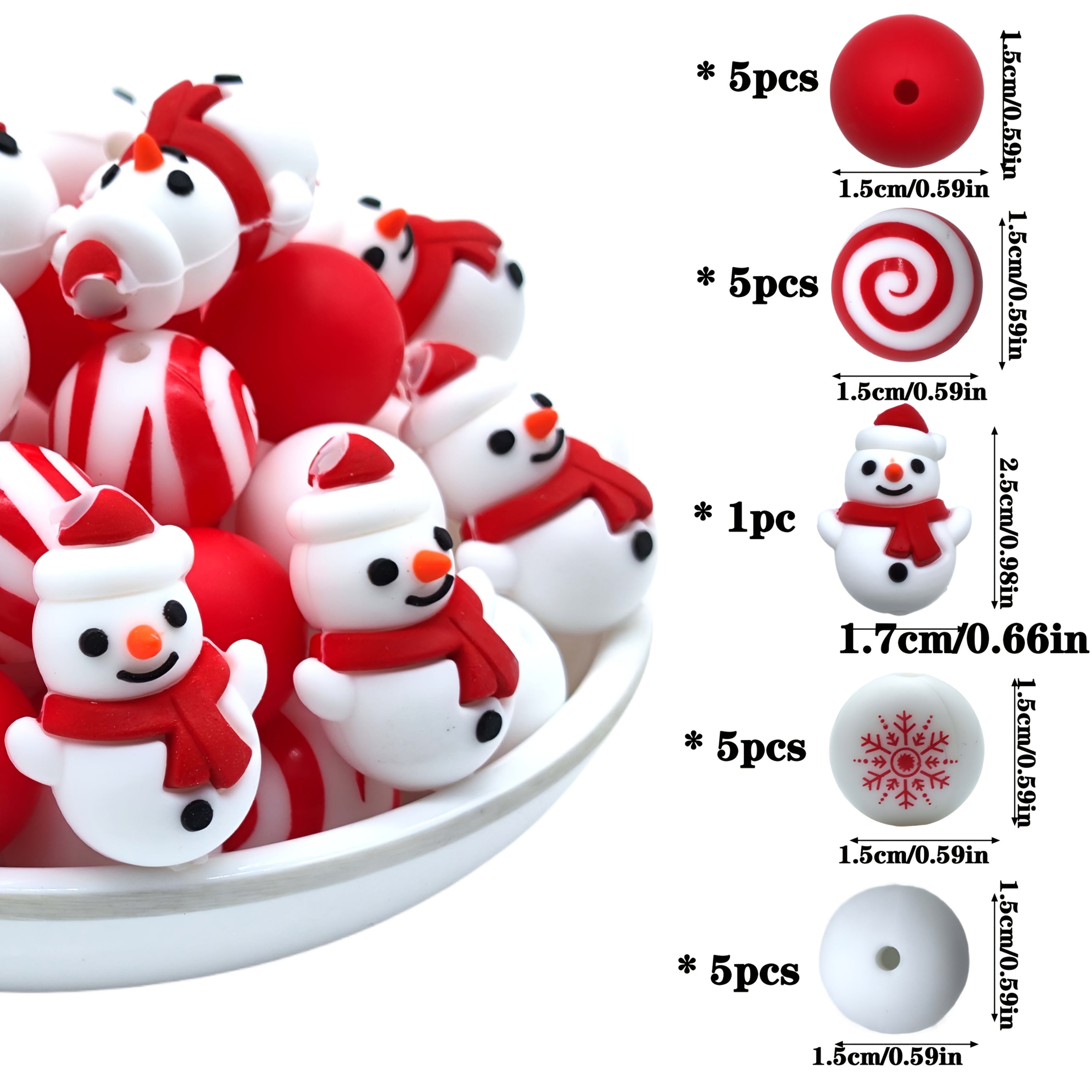 TEMU 21pcs Mini Snowman Christmas Series Mixed Silicone Round Beads For Diy Necklace, Plastic Pen Keychain Bag Chain Phone Strap Bracelet Jewelry