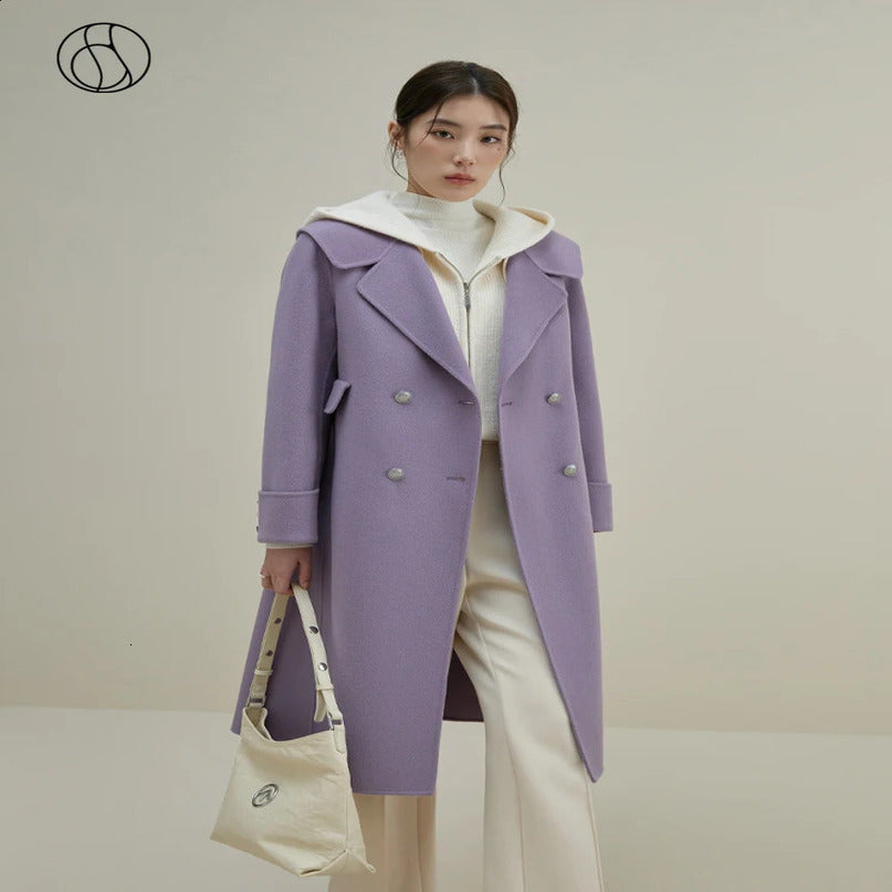 DUSHU 100% wool navy blue collar doublelayer jacket purple steel strip n womens black long winter 240918