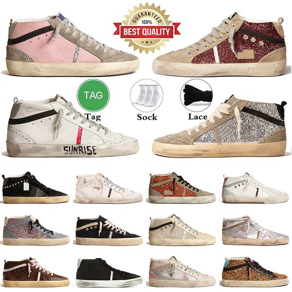 Designer Shoes Loafers Women Men Sneakers US 12 Mid platform Casual Shoes Flat Leather Sequin Vintage Shoe Black White Silver Beige High top