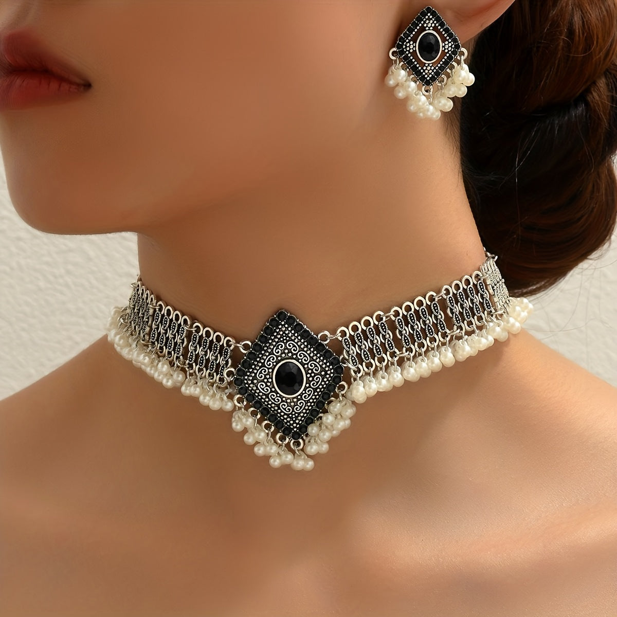 TEMU 1 Necklace + 1 Pair Of Earrings – Bohemian Luxury Indian-style Rhombus Short Women's Set, Perfect For Vacation, Parties, Gifting, And Wear