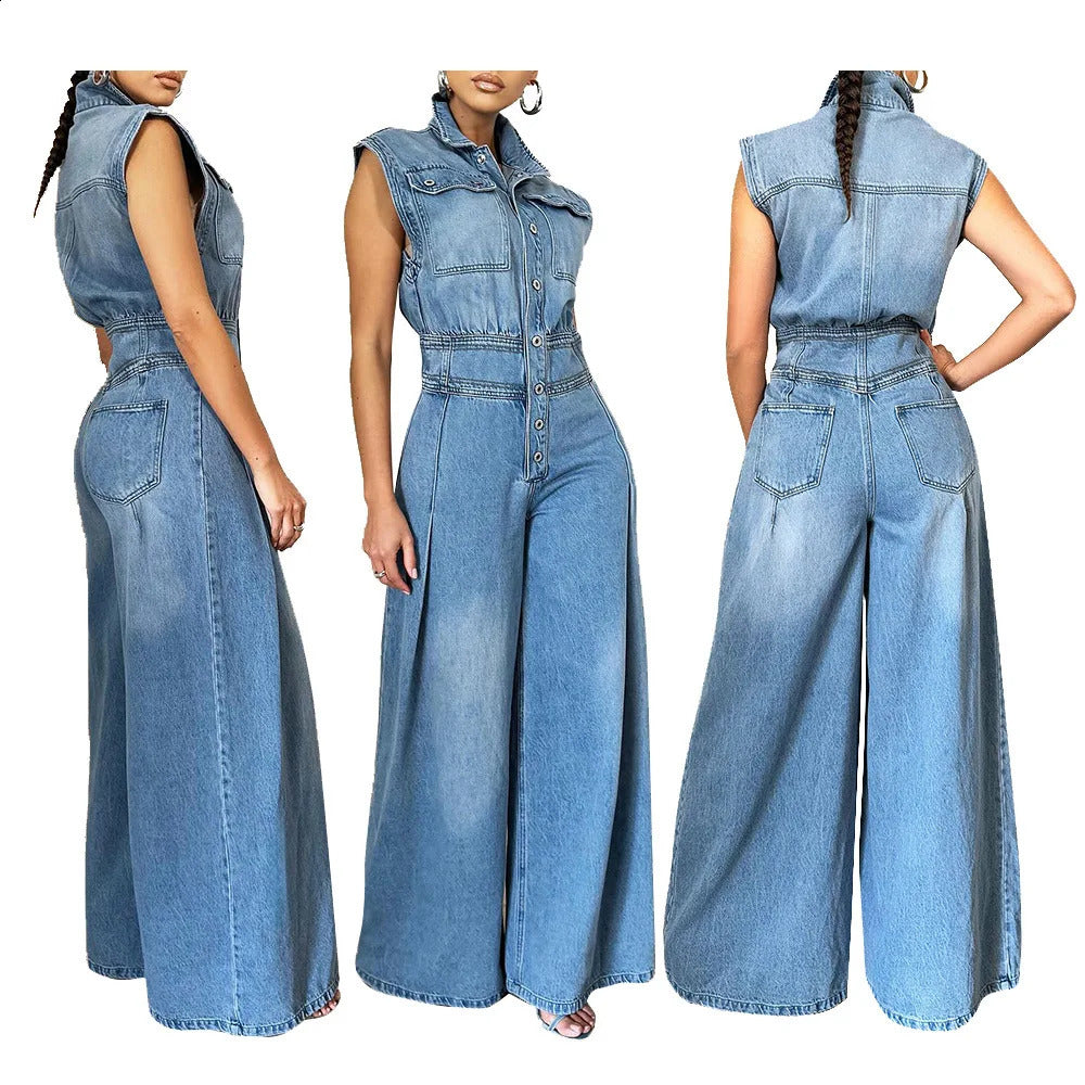 Jumpsuits Women One Piece Denim Jeans Overalls Sleeveless High Waist Turn Down Collar Wide Leg Long Pants Rompers Summer 240822