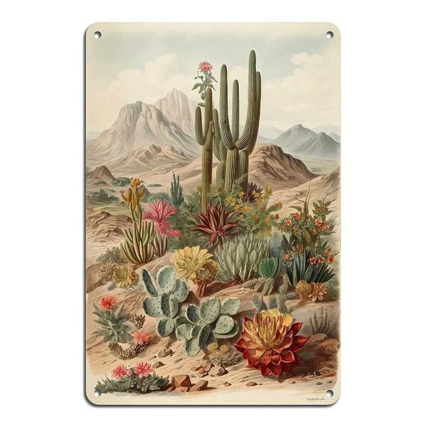 Desert Cactus Landscape Pattern Tin Metallic Paint Logo Retro Wall Decoration Bar Patio Waterproof Outdoor Tin Poster 8x12 inches Y250114