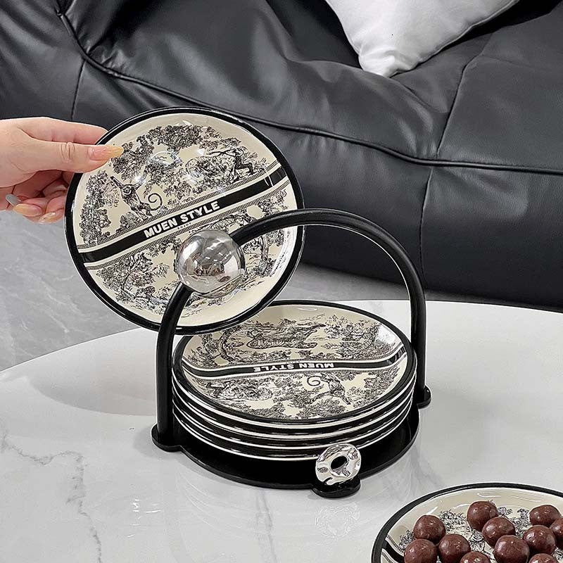 Light Luxury Ceramic Bone Dish Set with Ink Painting Design, Multi-purpose Small Household Fruit Plates, Can Be Used as Gifts