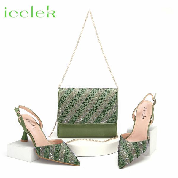 Sandals Newly arrived special olive green angular thin heel equipped with Rhinestone design shoes and bag set suitable for womens parties Q2