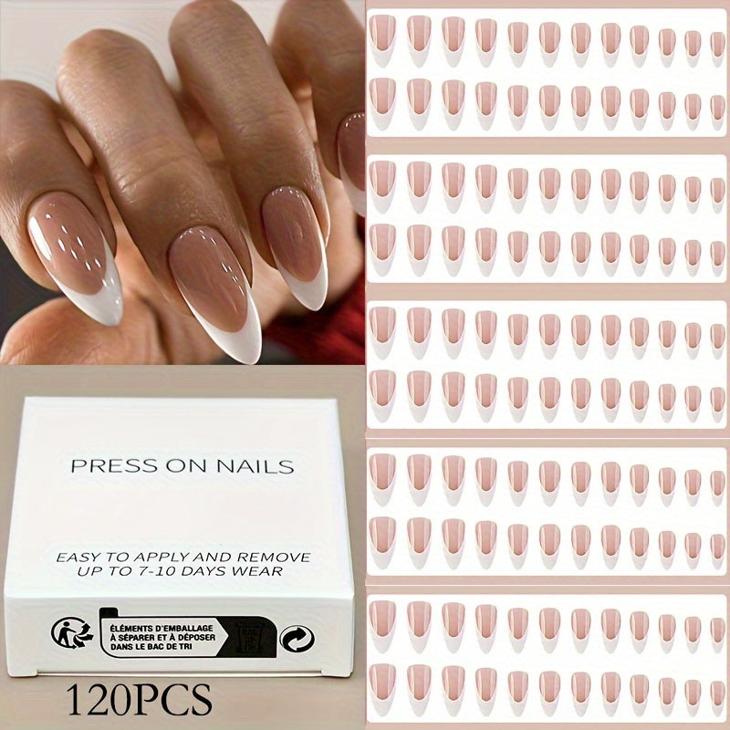 TEMU Fashionable Life Covered With 5 Packs (120pcs) Almond White Nails, Pink Glossy Surface For Women And Girls