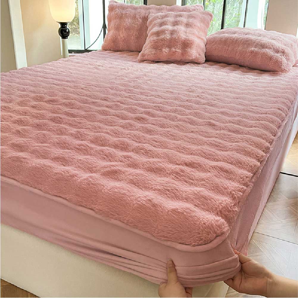 Plush Bubble Skin-Friendly Warm Fitted Sheet Mattress Cover, Pink - Full(1 pc)