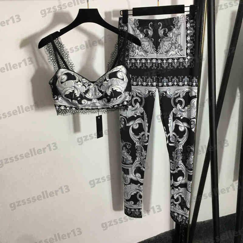 Outfit Women VER Yoga Tracksuits Designer 2 Piece Set Vintage Print Lace Sling Bandeau Tanks Camis Top And Stretch Leggings Jogging Suit
