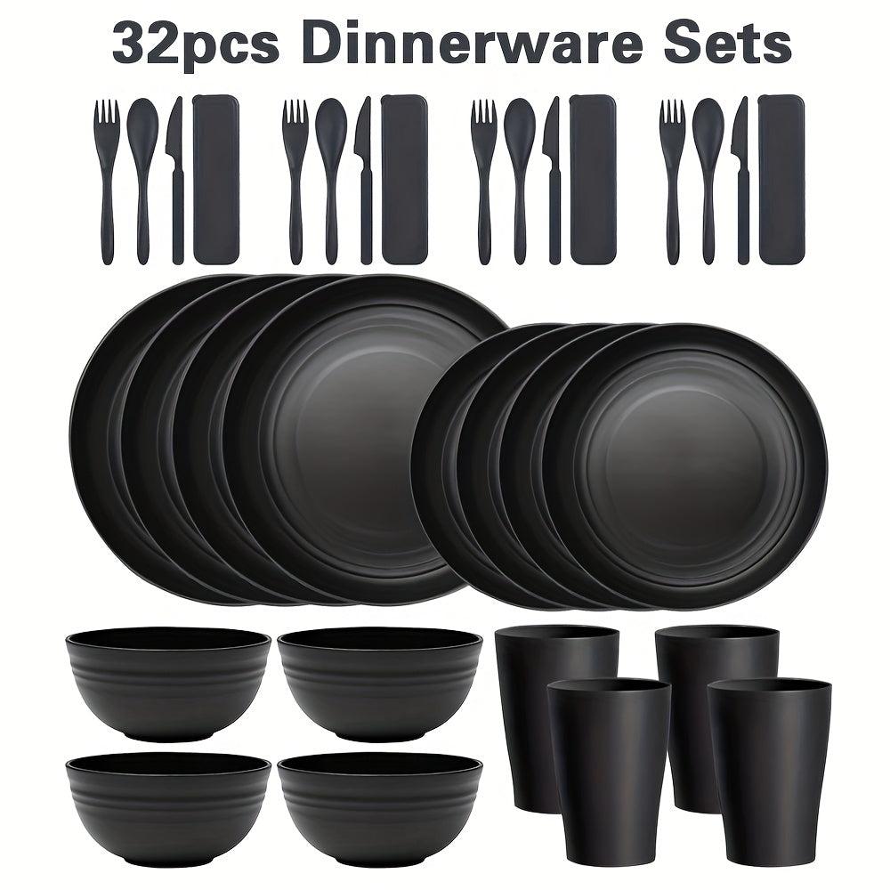 TEMU Wheat Straw Dinnerware Sets - Reusable Tableware, Durable & Unbreakable Black Plastic Tableware Including Plates, Bowls, Cups, Cutlery,