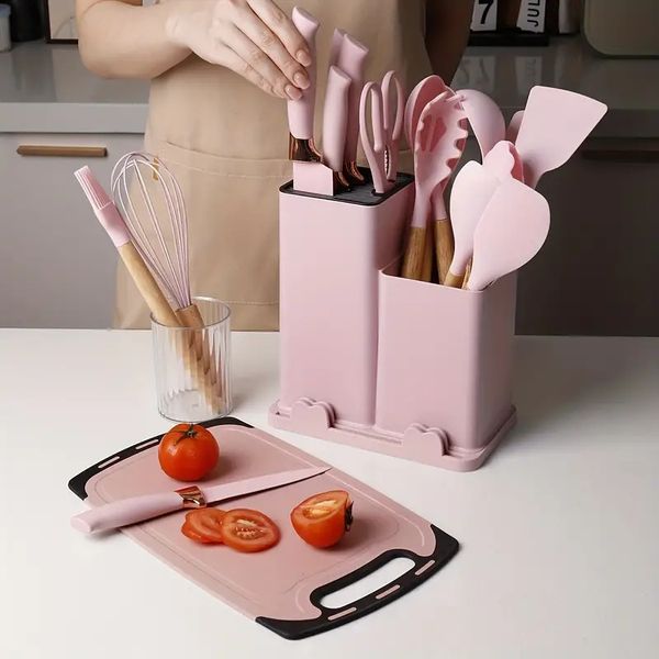 PG Silicone 19pcs-set, Kitchen Utensil Set, Safety Utensils Set Storage Holder, Non-Stick Cooking With Wooden Handle s