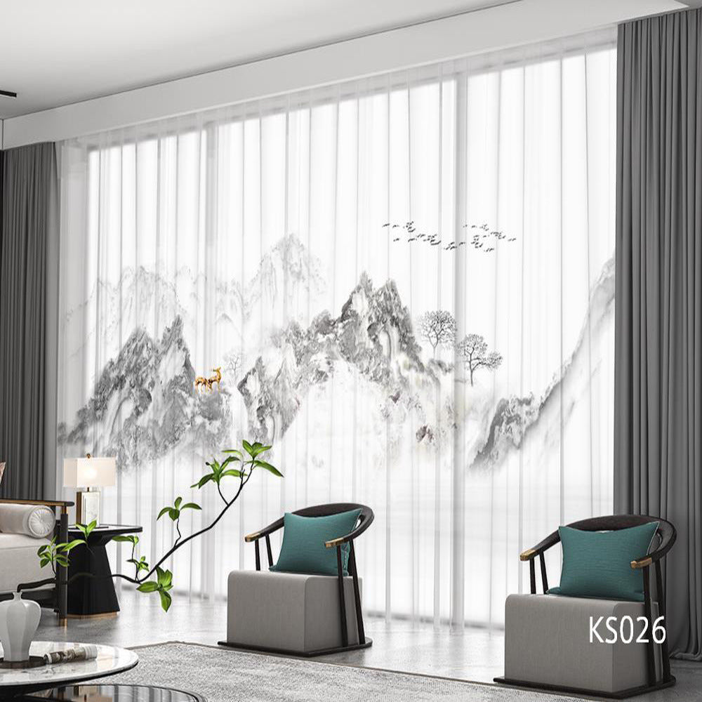 YL-36708 Modern New Chinese Style Ink Painting Landscape Living Room Study High-end Bedroom Famous Hotel Curtain Zen Gauze Curtain