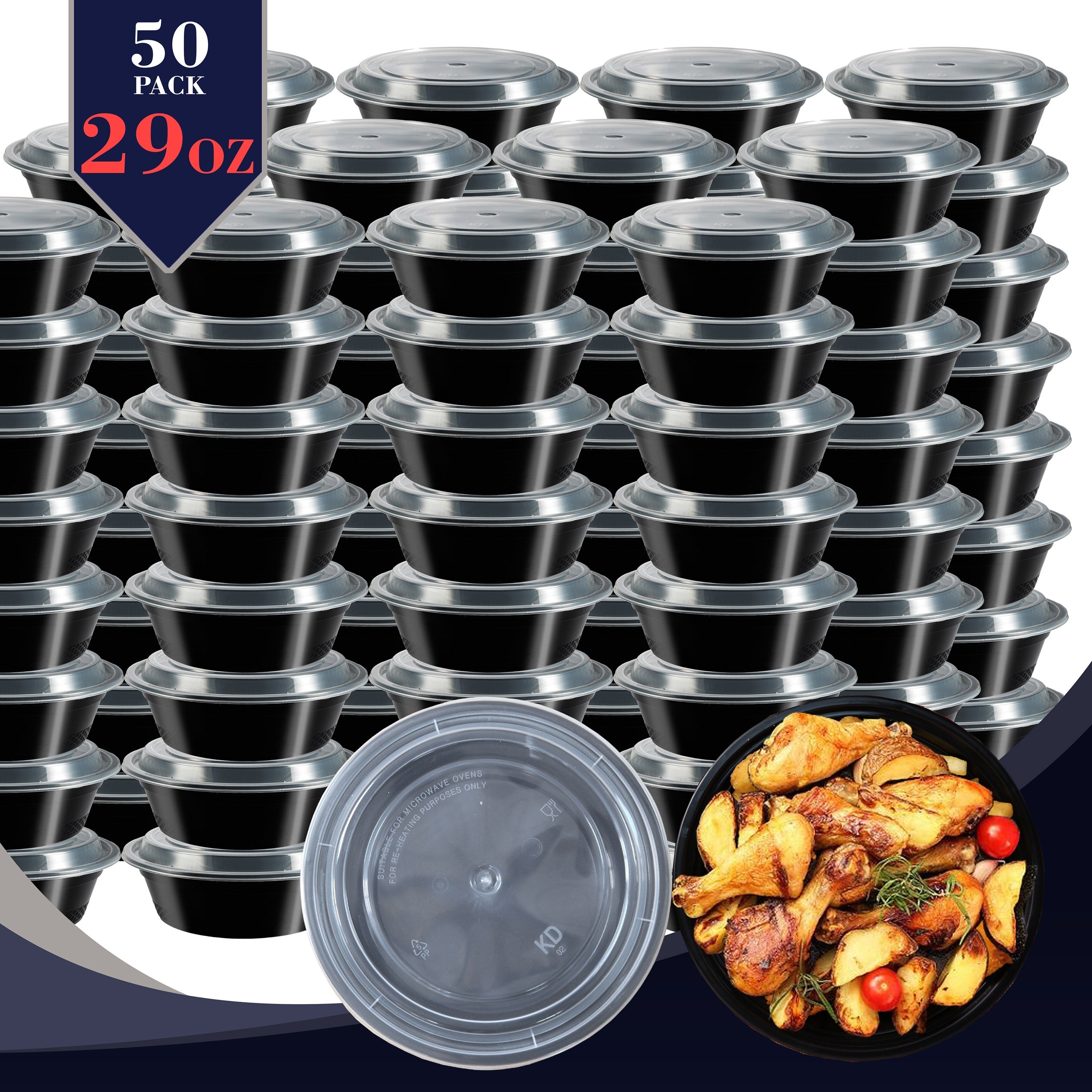 TEMU 50pcs Black 29oz Meal Prep Containers - Extra Thick Plastic, Round, Stackable, Leak-proof, Bpa-free, Microwave & Dishwasher Safe, Freezer