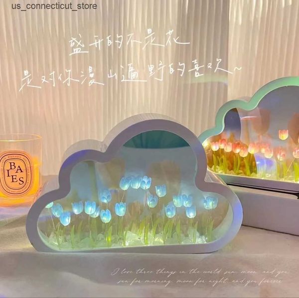 Novelty Lighting Handmade Diy Cloud Tulip Desktop Mirror Flower Sea Night Light Luminous Ornament Creative Gift Chinese Valentines Day Gift