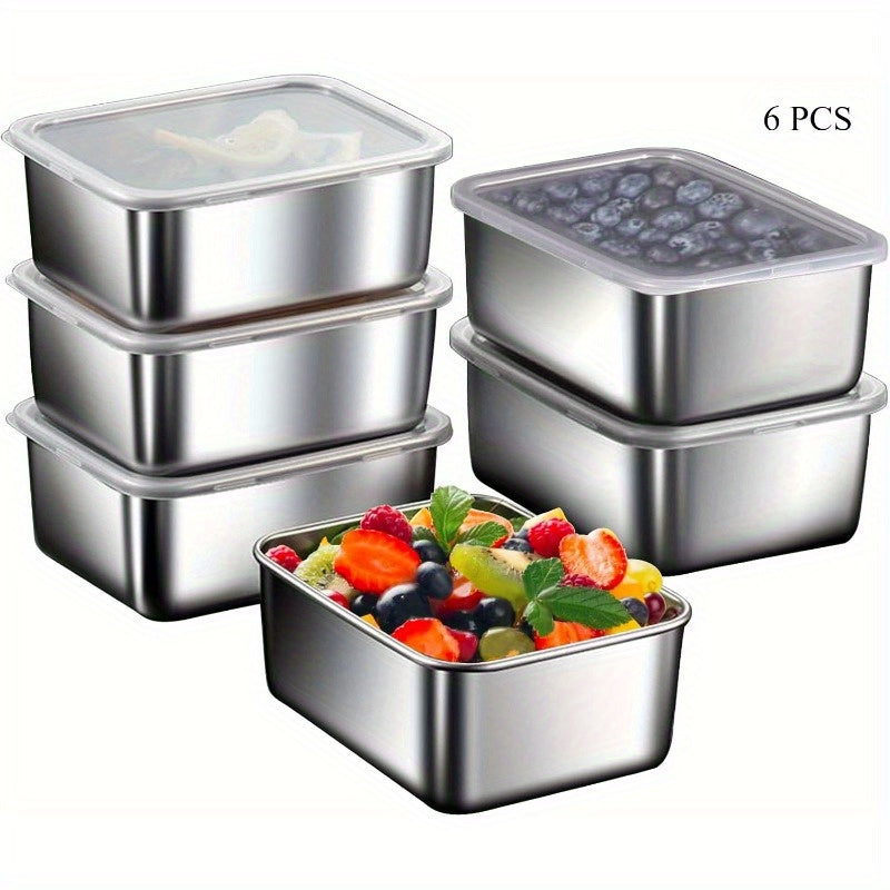 TEMU 6-pcs 304 Stainless Steel Food Storage Containers, Meal Prep, Sealed Lunch Boxes, Square Design With Lids, , Lunch Boxes, , Suitable For Meal