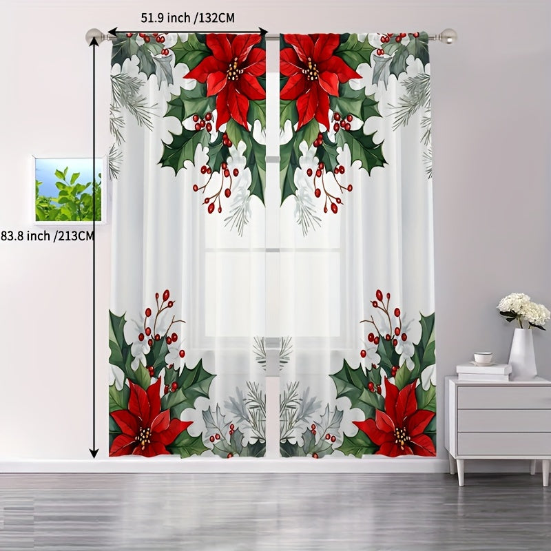 TEMU 2-pack Semi-transparent Polyester Rod Pocket Window Sheer Curtains For Winter Home Decor, Christmas Decoration With Poinsettias And Pine Cones