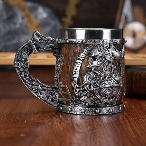 Valhalla Viking Stainless Steel Nordic Barrel Dragon Boat Warrior Horn Skull Beer Mug Tankard Stein Cup 400 ml 250107