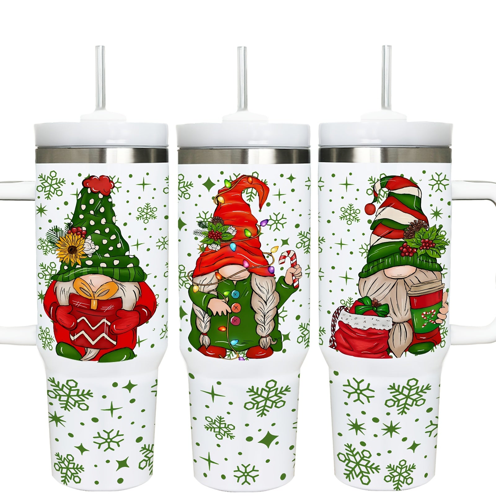TEMU 1pc 40-16oz Stainless Steel Water Cup With Handle And Straw, Cute Christmas Gnome With Gift Box, Candy Cane, And Snowflake Pattern, Double Wall
