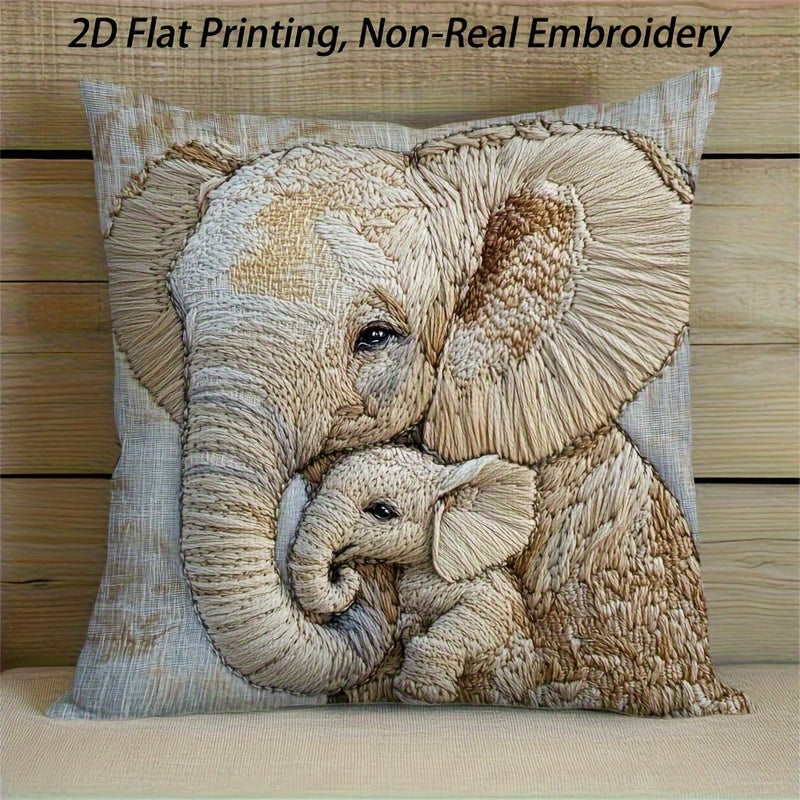 TEMU 1pc Elephant And Baby Elephant 2d Single-sided Pillowcase- Soft And Durable Polyester Fiber, Bohemian Style, Zipper Closure, Machine Washable-