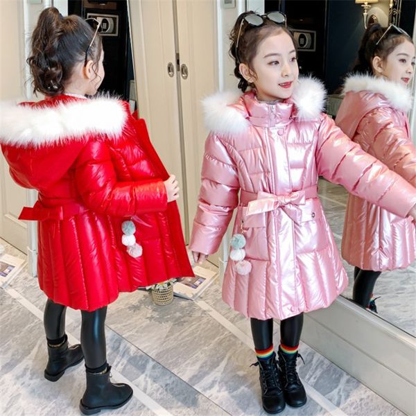 Down Coat Winter Jackets For Girls Parkas Children&#039;s Outerwear Casual Hooded Big Fur Collar Solid Bright Waterproof Cotton Clothes 2210