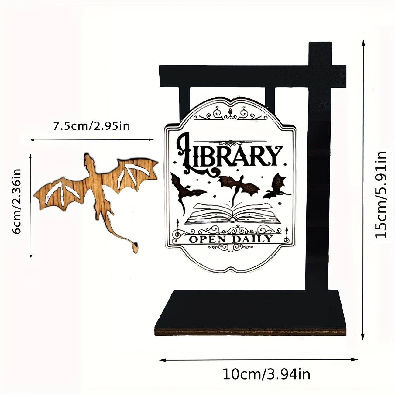 TEMU 1pc Vintage Gothic Fantasy Bookshelf Sign With Bat & Dragon Design - Bohemian Style "library Daily" Mini Desktop Decor, Ideal For Halloween Home