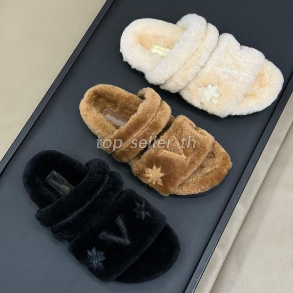 Fur Sunset Sandal Designer Women Slippers Flat Fur Slides Warm Comfort Fuzzy Sandals Double Band Print Embossing Floral Slide Winter Slipper