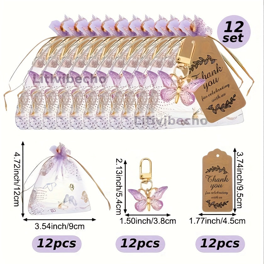 TEMU 12 Sets [36pcs Decorations Gift Keychain ] Shower Gift Set, 12pcs Acrylic Purple Keychains, 12pcs Brown Cards & 12pcs Organza Drawstring Bags,