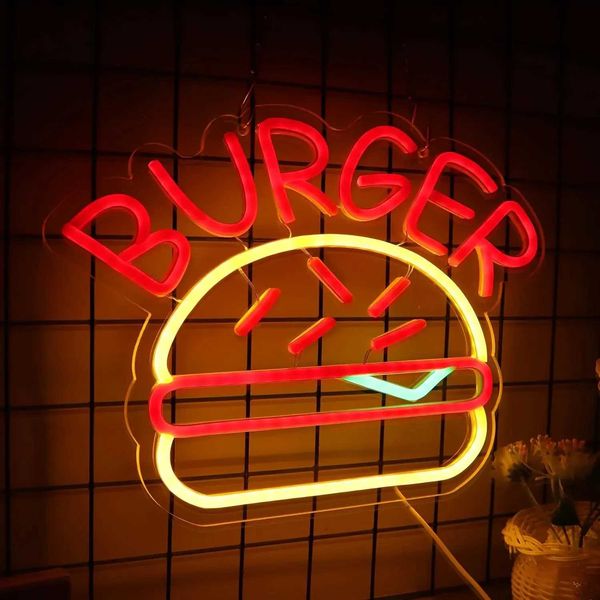 Burger Neon Signs for Wall Decor LED Neon Light Bedroom Business Hamburger Restaurant Office Beer Bar B240817