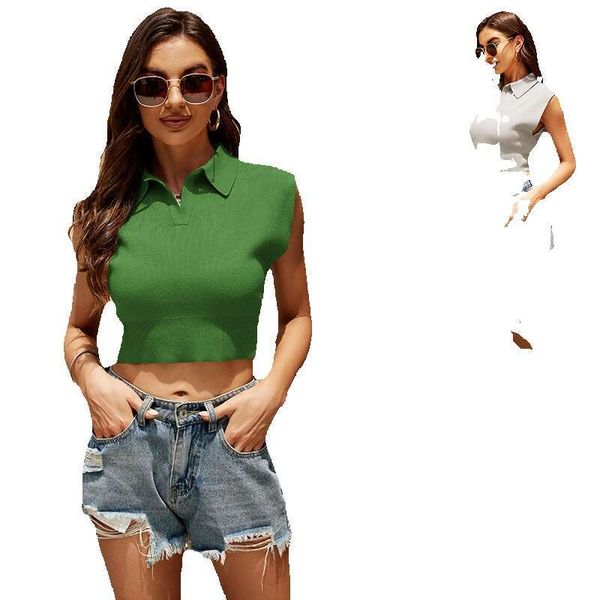 Summer new solid color POLO collar sweater for womens casual short sleeveless knitted top