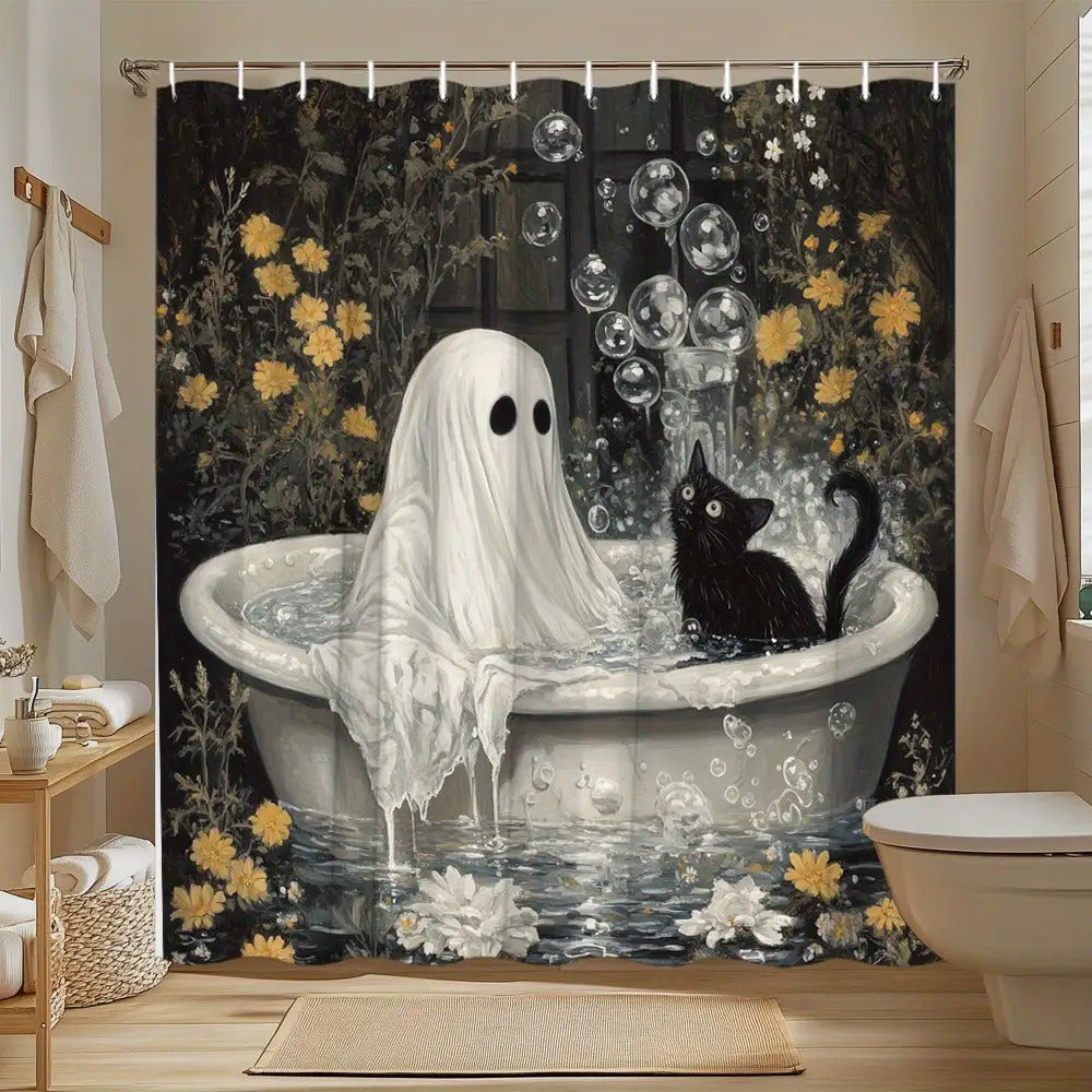 TEMU 1pc Vintage Gothic Shower Curtain - Spooky Bathroom Decor With Figure, Black Cat & Bubble Bath Tub Design - Extra Long 71x71 Inches - Machine