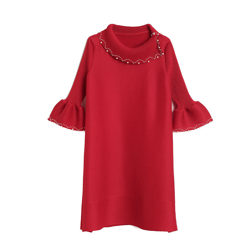 (91) Red dress with doll collar and beading, light luxury, celebrity trumpet sleeves, seaside dress with atmosphere