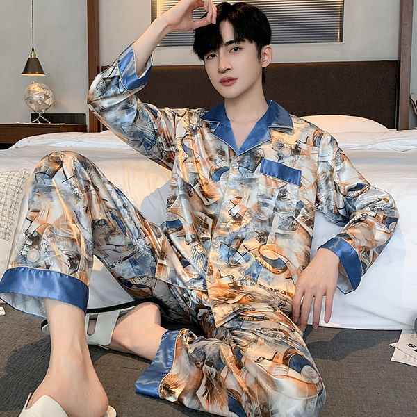 New Listing Long Mens Stain Pama Sets Short Sleeve Shorts Pijama Printed Pamas Men Sleepwear Thin Silk Pam