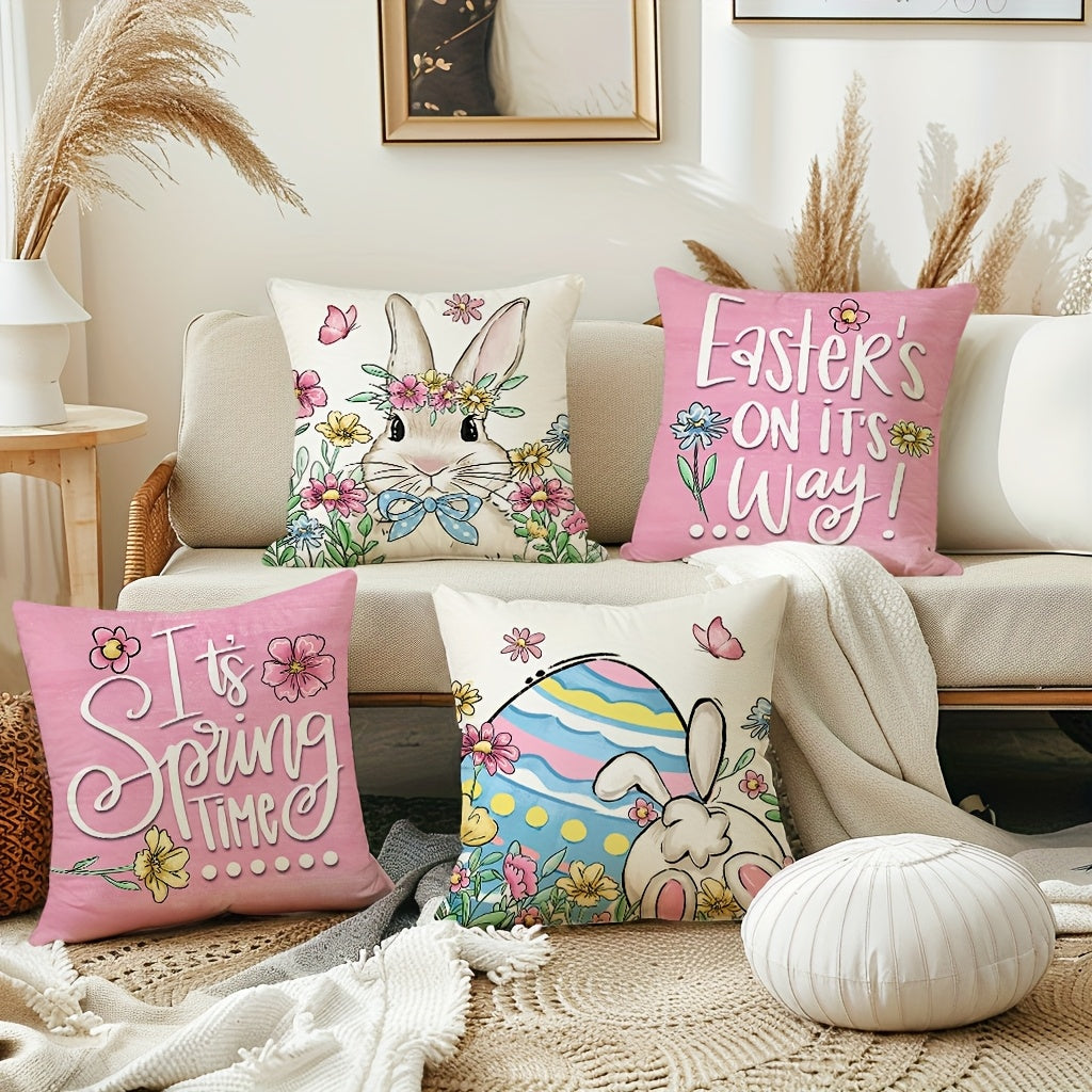 TEMU 4pcs, Throw Bunny Pillow Covers, Cute Bunny And Tail Eggs Decor Cushion Covers, Farmhouse Polyester Pillowcases For Home Decor, Hand Washable,