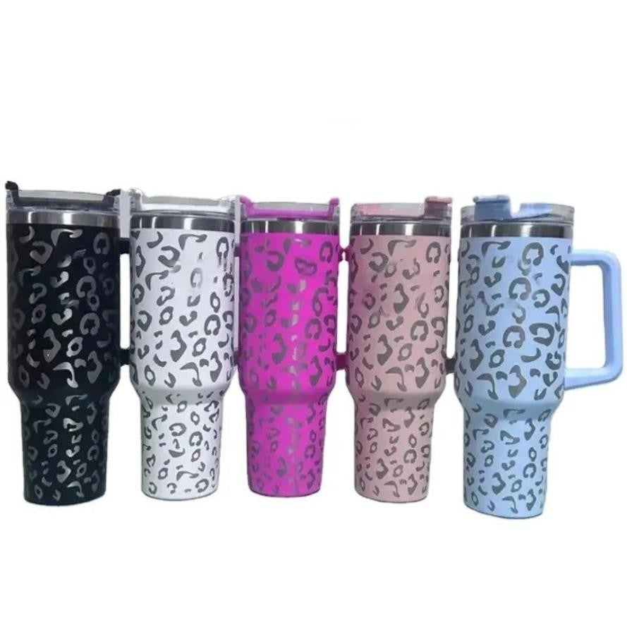Leopard Print 40oz tumblers stainless steel handle lid straw big capacity beer mug water bottle powder outdoor camping cups cheetah tumblers US STOC